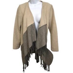 BB Dakota OVERSIZED Coat Candice Colorblock Open Wool Blend Fringe Tan Gray